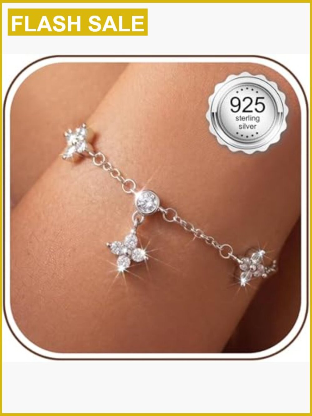 Adjustable Dainty Sterling Silver Link Bracelet with CZ Stones
